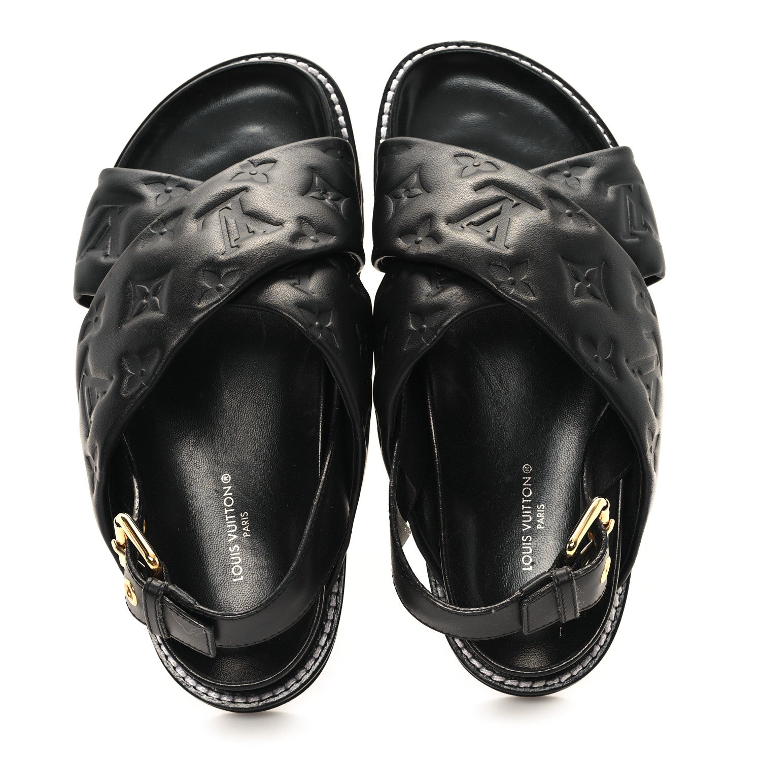 Louis Vuitton Lambskin Monogram Embossed Paseo Flat Comfort Sandals 36 Black 2 of 10
