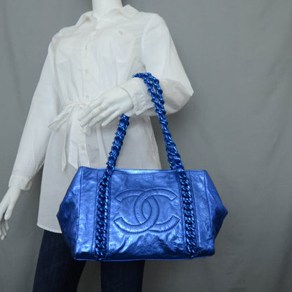 Chanel Leather Modern Chain Tote Metallic Blue 2 of 9