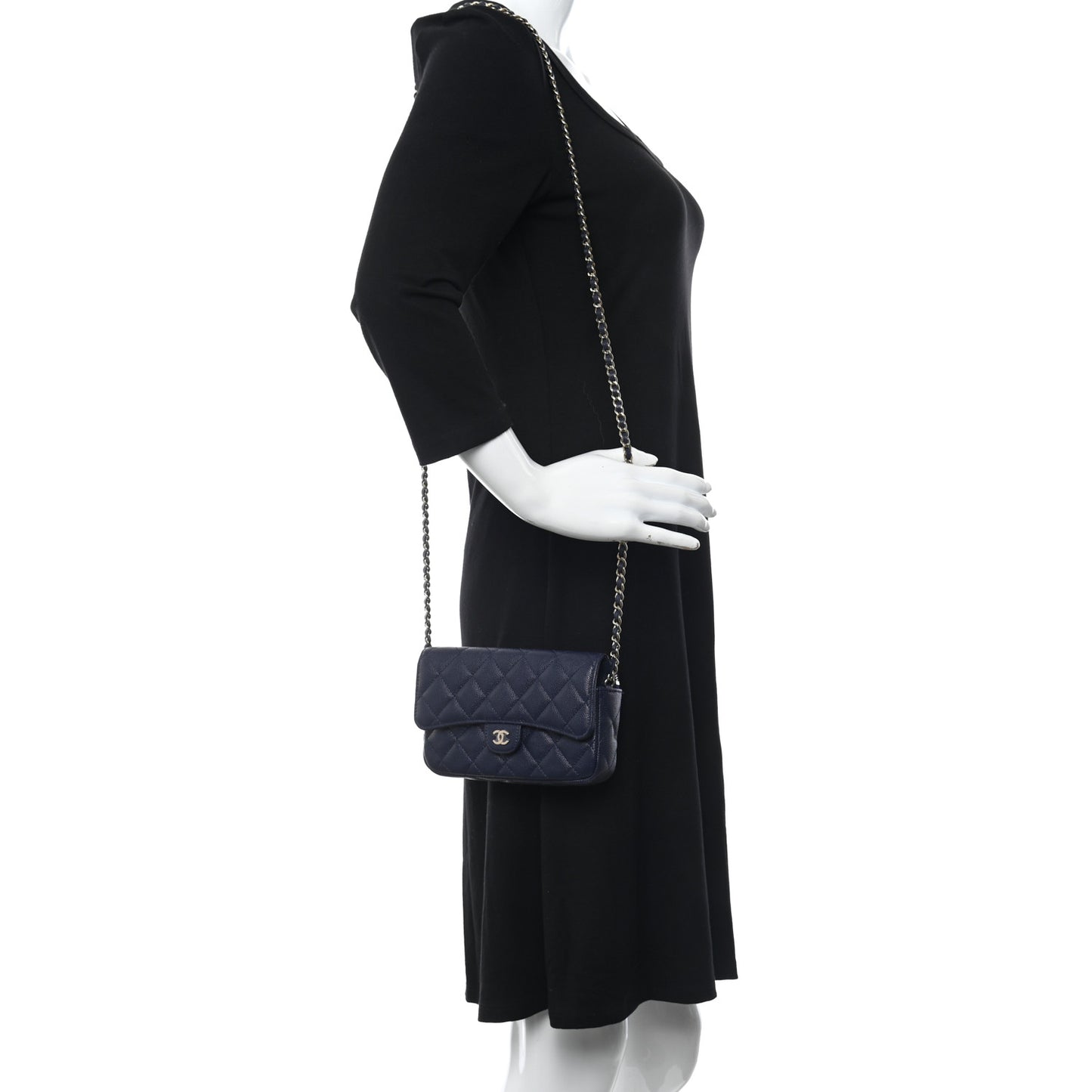 Caviar Quilted Flap Phone Holder With Chain Navy