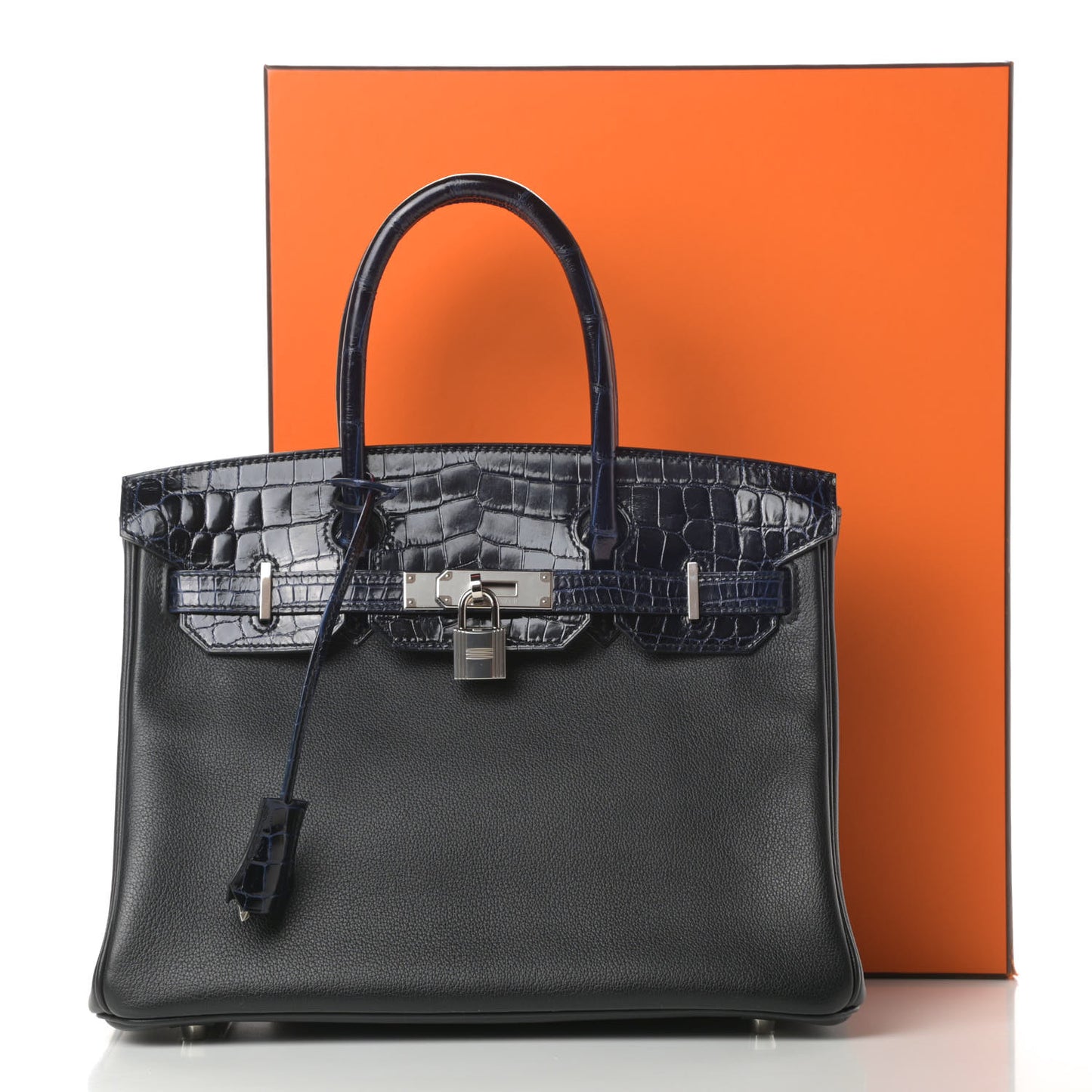 Taurillon Novillo Shiny Niloticus Crocodile Birkin Touch 30 Black Bleu Marine