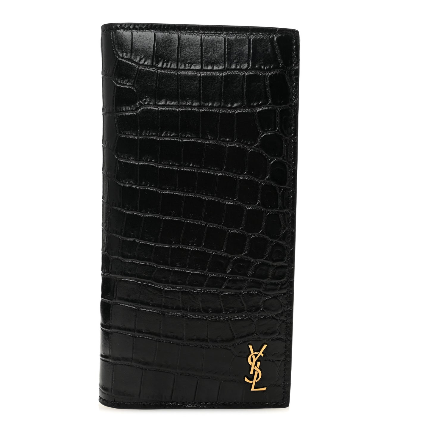 Calfskin Crocodile Embossed Monogram Vertical Wallet Black