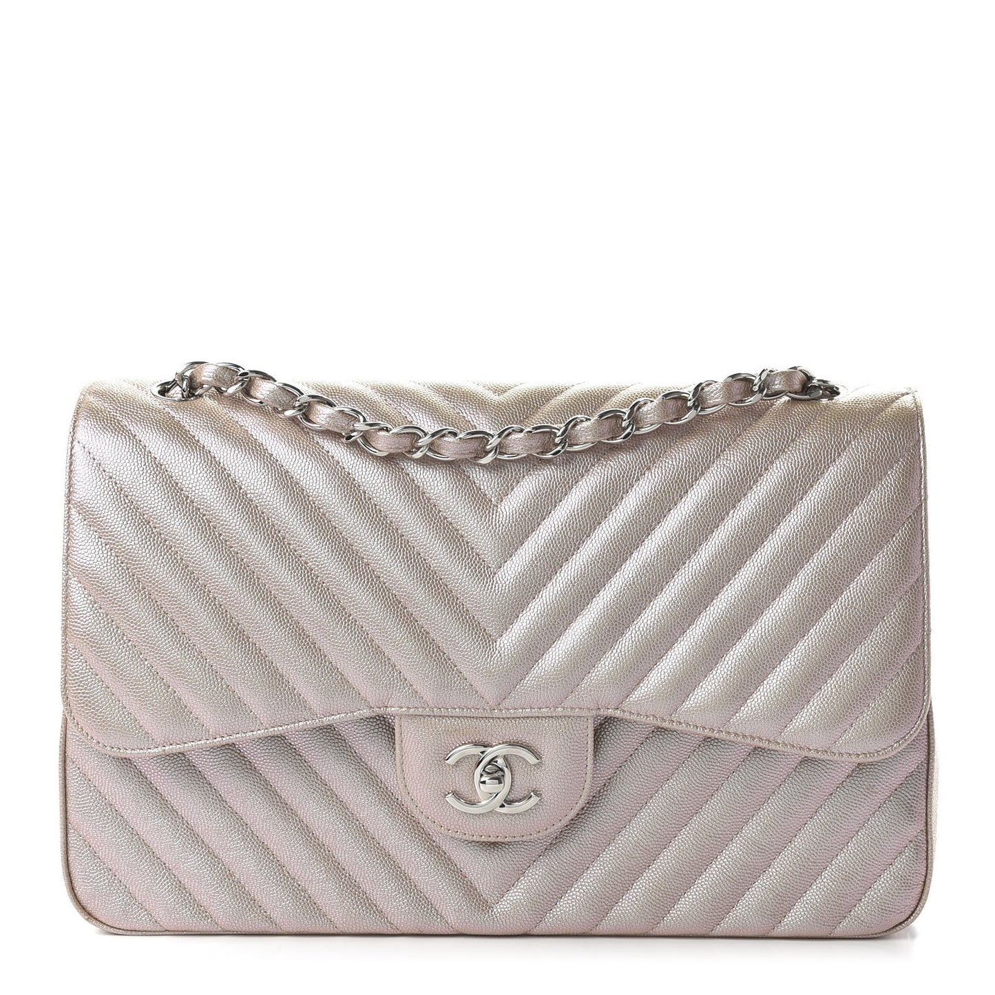 Metallic Caviar Chevron Quilted Jumbo Double Flap Light Gold