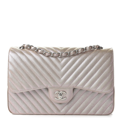 Chanel Metallic Caviar Chevron Quilted Jumbo Double Flap Light Gold 1 of 11