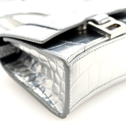 Balenciaga Metallic Calfskin Crocodile Embossed Hourglass Top Handle Bag Mini Silver 8 of 9
