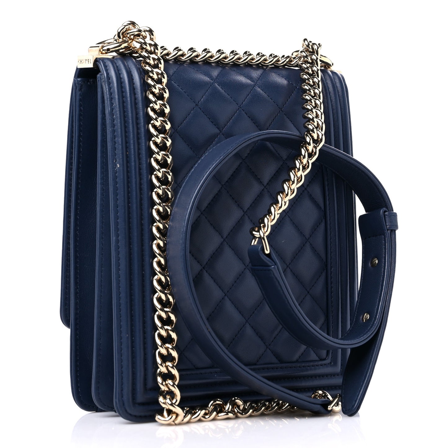 Calfskin Quilted North South Boy Flap Navy