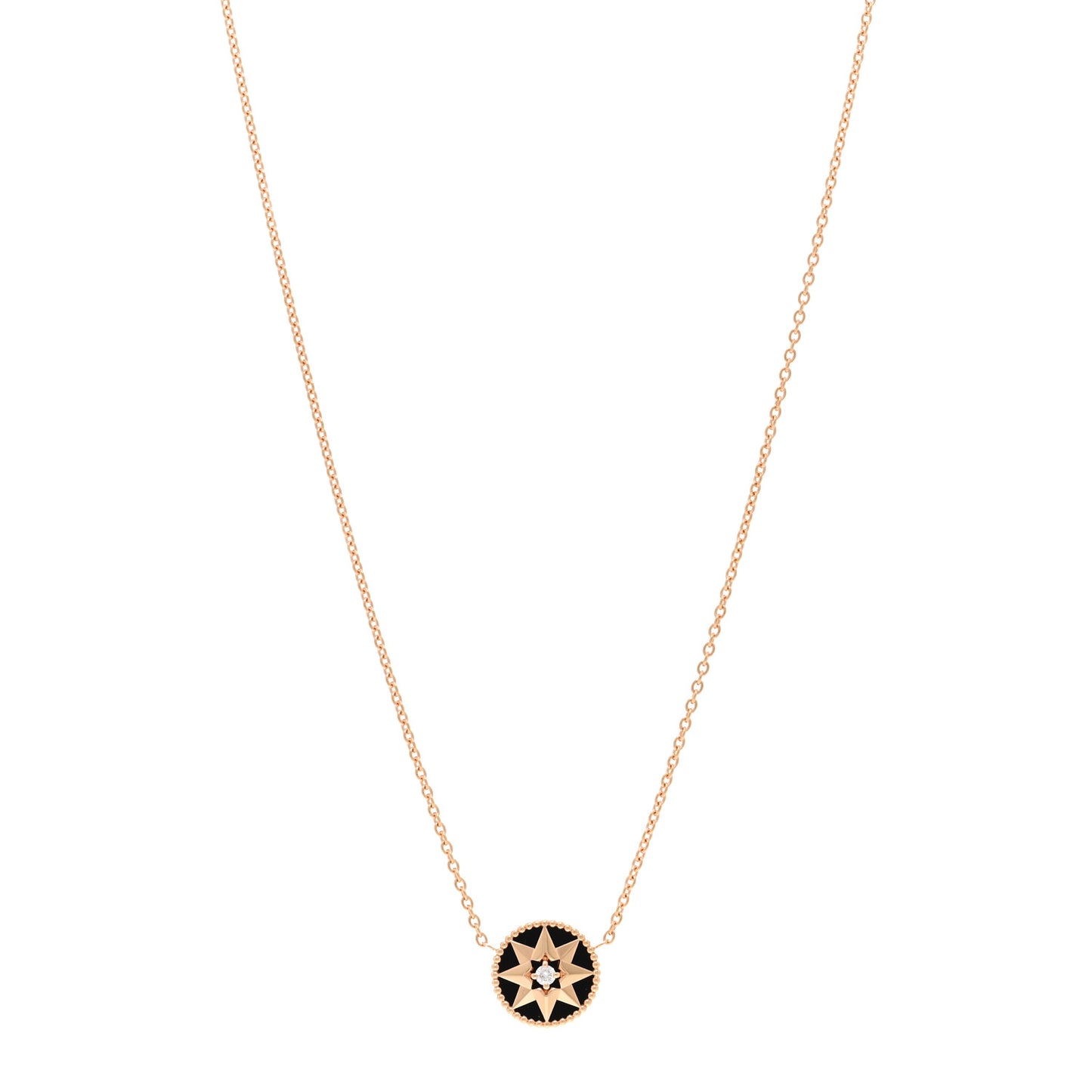 CHRISTIAN DIOR 18K Rose Gold Diamond Black Onyx Rose Des Vents Necklace