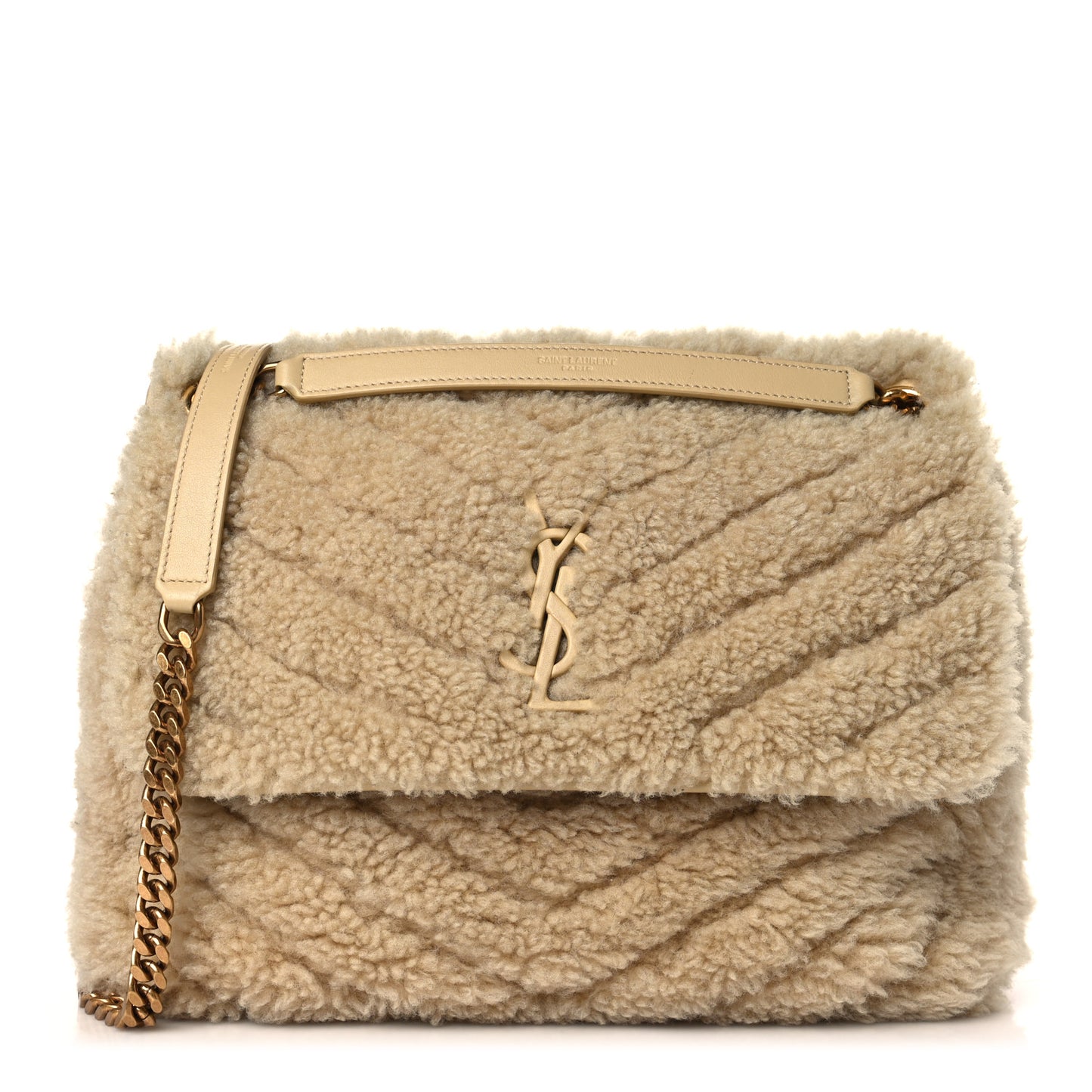 Calfskin Shearling Monogram Medium Niki Chain Satchel Natural Beige