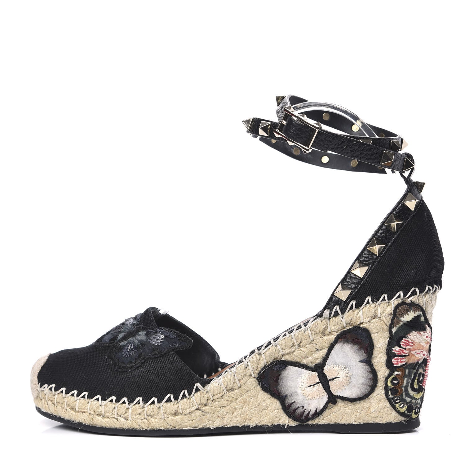 Valentino Garavani Canvas Butterfly Embroidered Rockstud Ankle Wrap Espadrille 15/85mm Wedges 39 Black 1 of 9