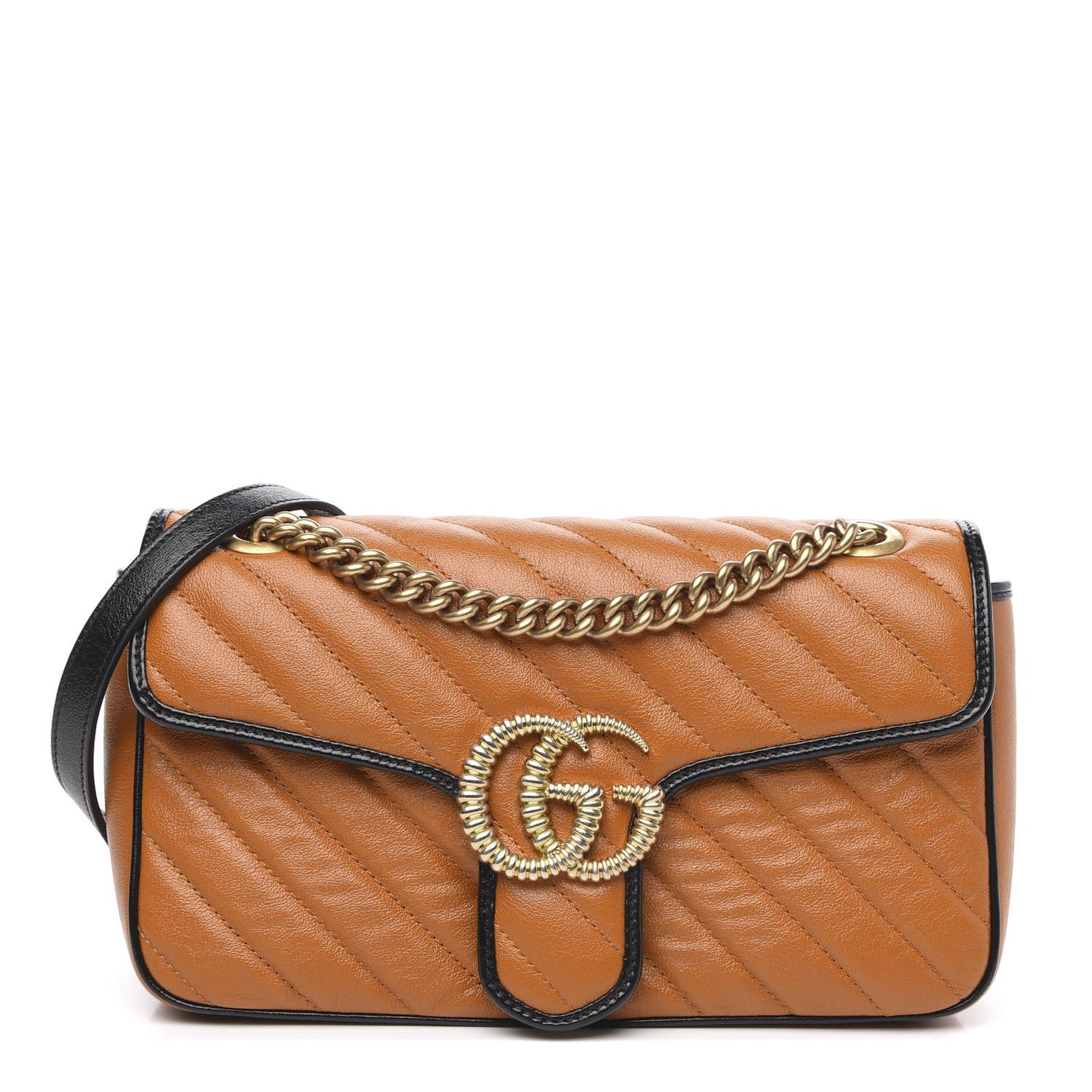 Vintage Effect Calfskin Matelasse Diagonal Small Torchon GG Marmont Shoulder Bag Cognac Black