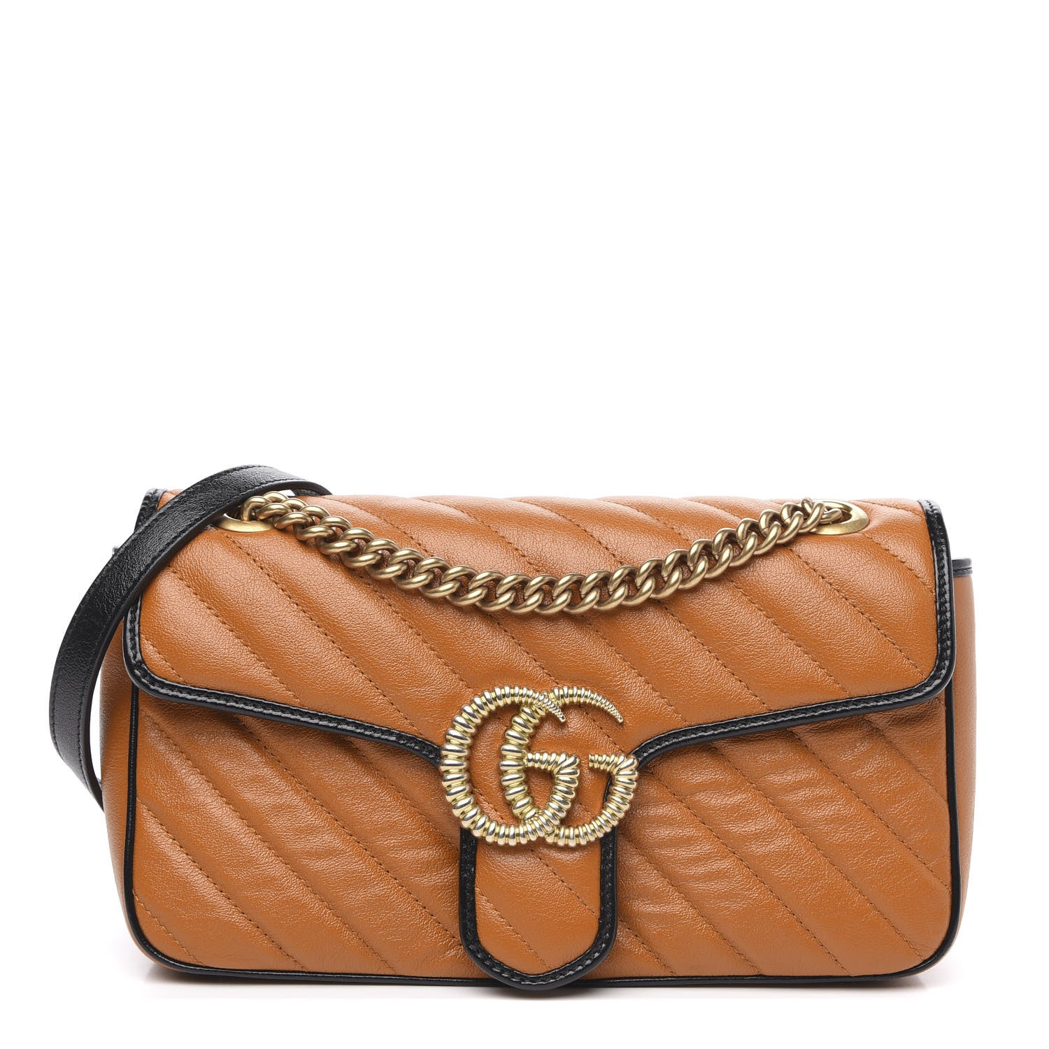 Gucci Vintage Effect Calfskin Matelasse Diagonal Small Torchon GG Marmont Shoulder Bag Cognac Black 1 of 10