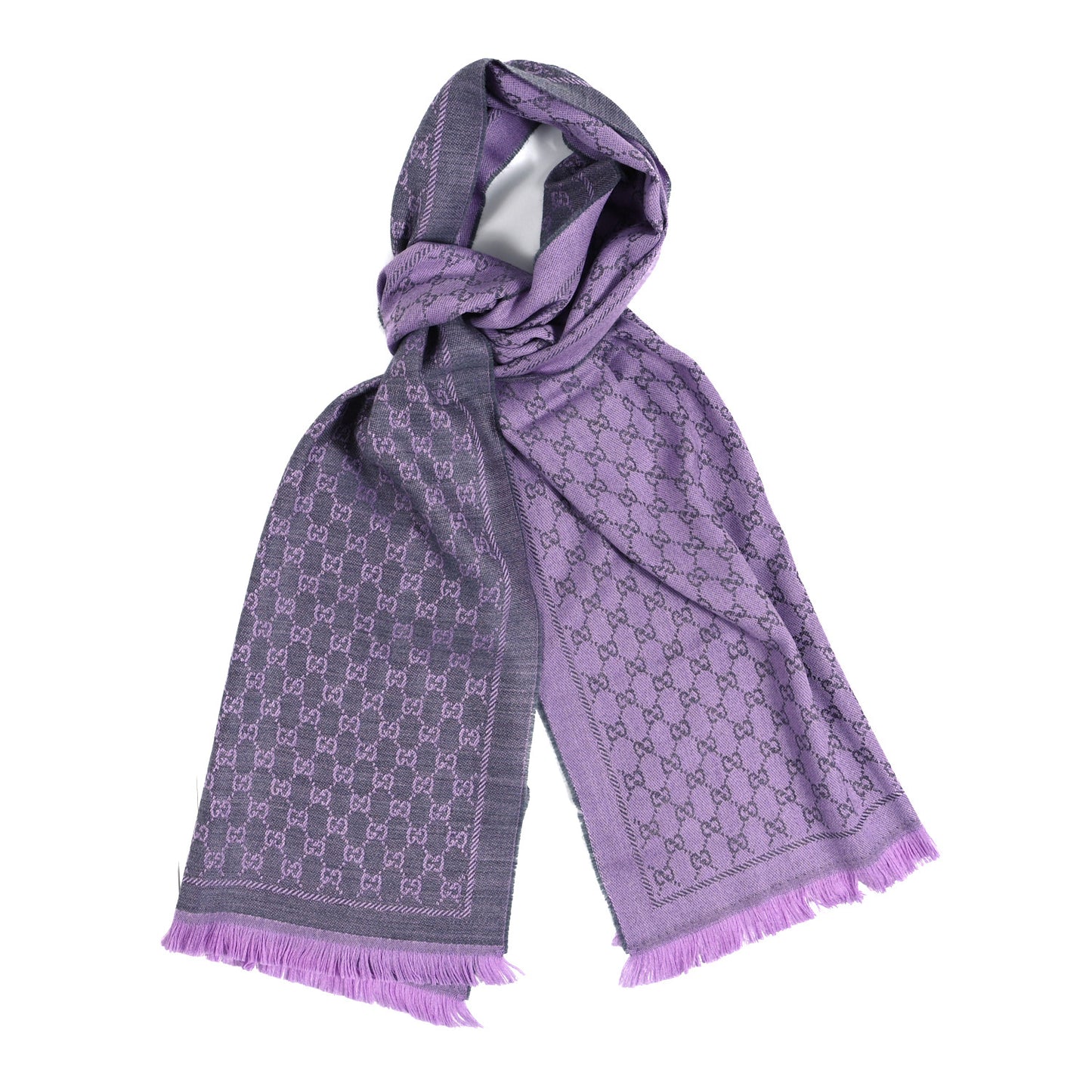 Wool GG Monogram Reversible New Sten Fringe Scarf Flannel Light Purple