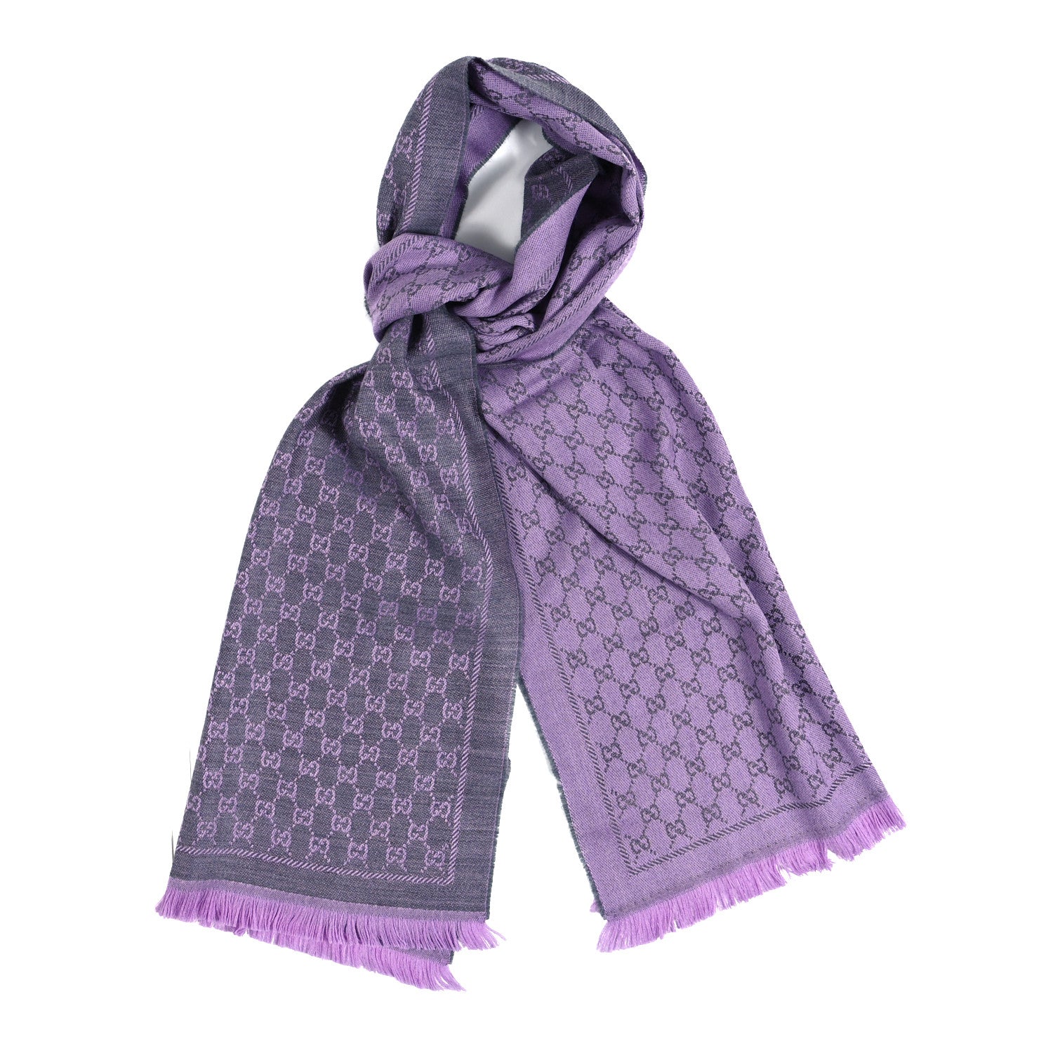 Gucci Wool GG Monogram Reversible New Sten Fringe Scarf Flannel Light Purple 1 of 4