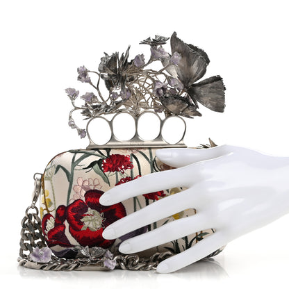Alexander McQueen Satin Embroidered Flower Butterfly Knuckle Duster Box Clutch White Multicolor 2 of 15