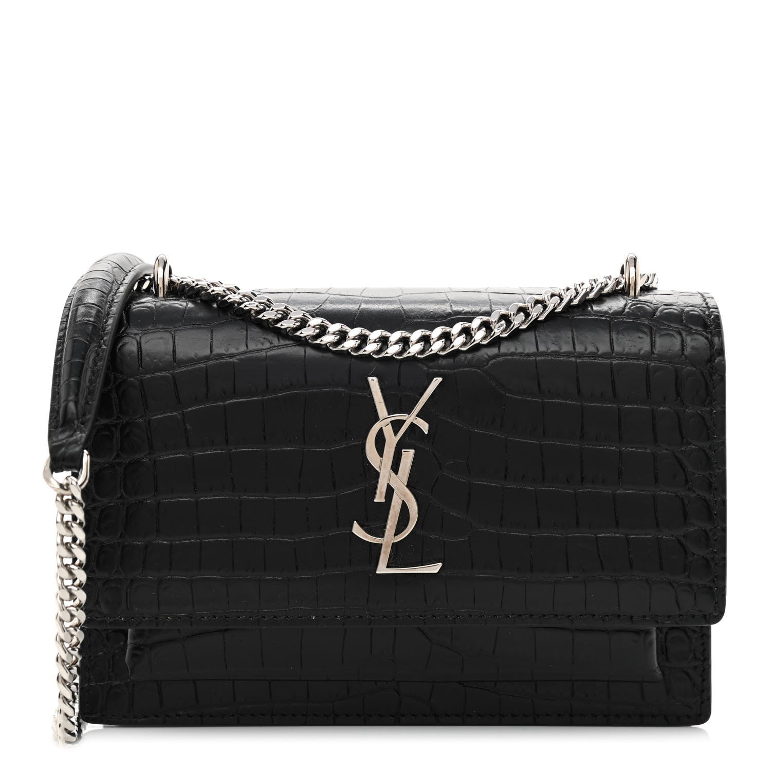 Saint Laurent Calfskin Crocodile Embossed Monogram Sunset Chain Wallet Black 1 of 10