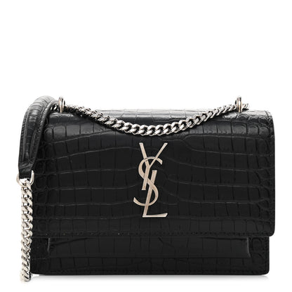 Saint Laurent Calfskin Crocodile Embossed Monogram Sunset Chain Wallet Black 1 of 10