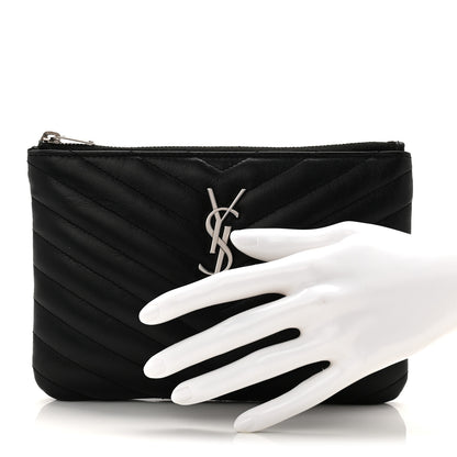 Saint Laurent Calfskin Matelasse Chevron Monogram Pouch Black 2 of 7