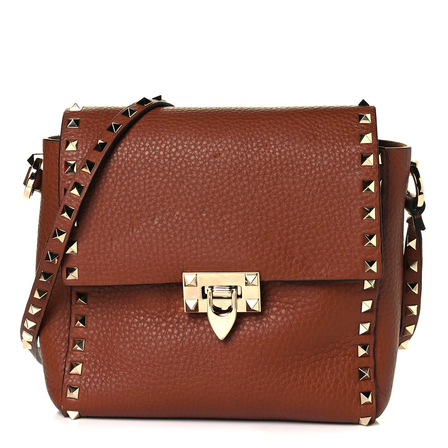 Pebbled Calfskin Rockstud Flip Lock Flap Messenger Saddle Brown