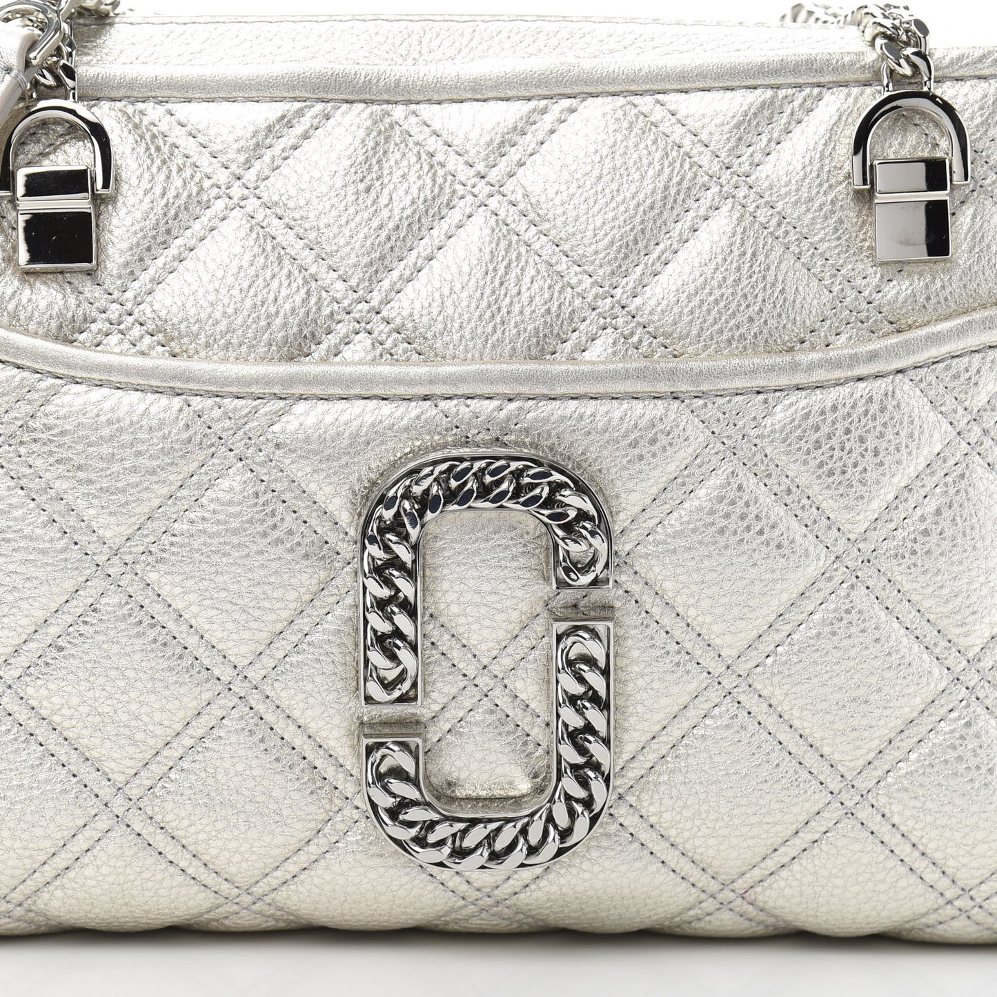 Metallic Grained Calfskin Quilted Double Stitched The Status Shoulder Bag Silver