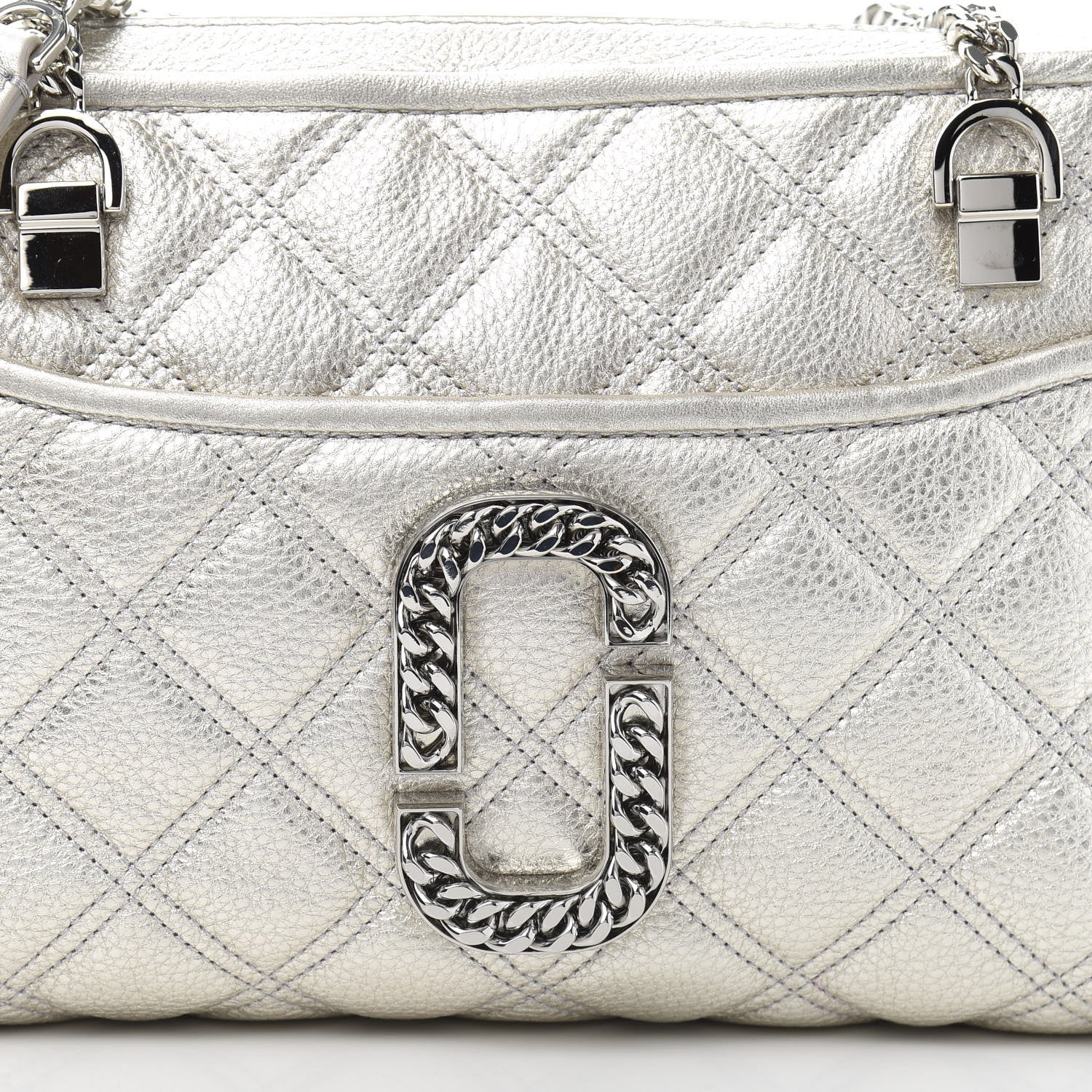 Marc Jacobs Metallic Grained Calfskin Quilted Double Stitched The Status Shoulder Bag Silver 15 of 15