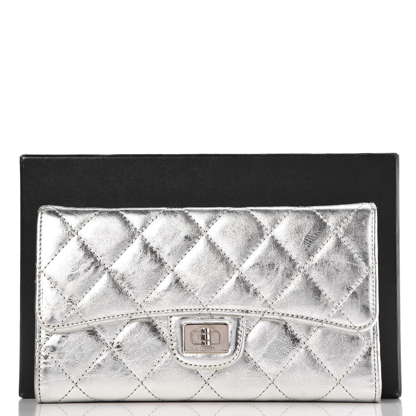 Metallic Aged Calfskin Quilted 2.55 Reissue Wallet Light Silver
