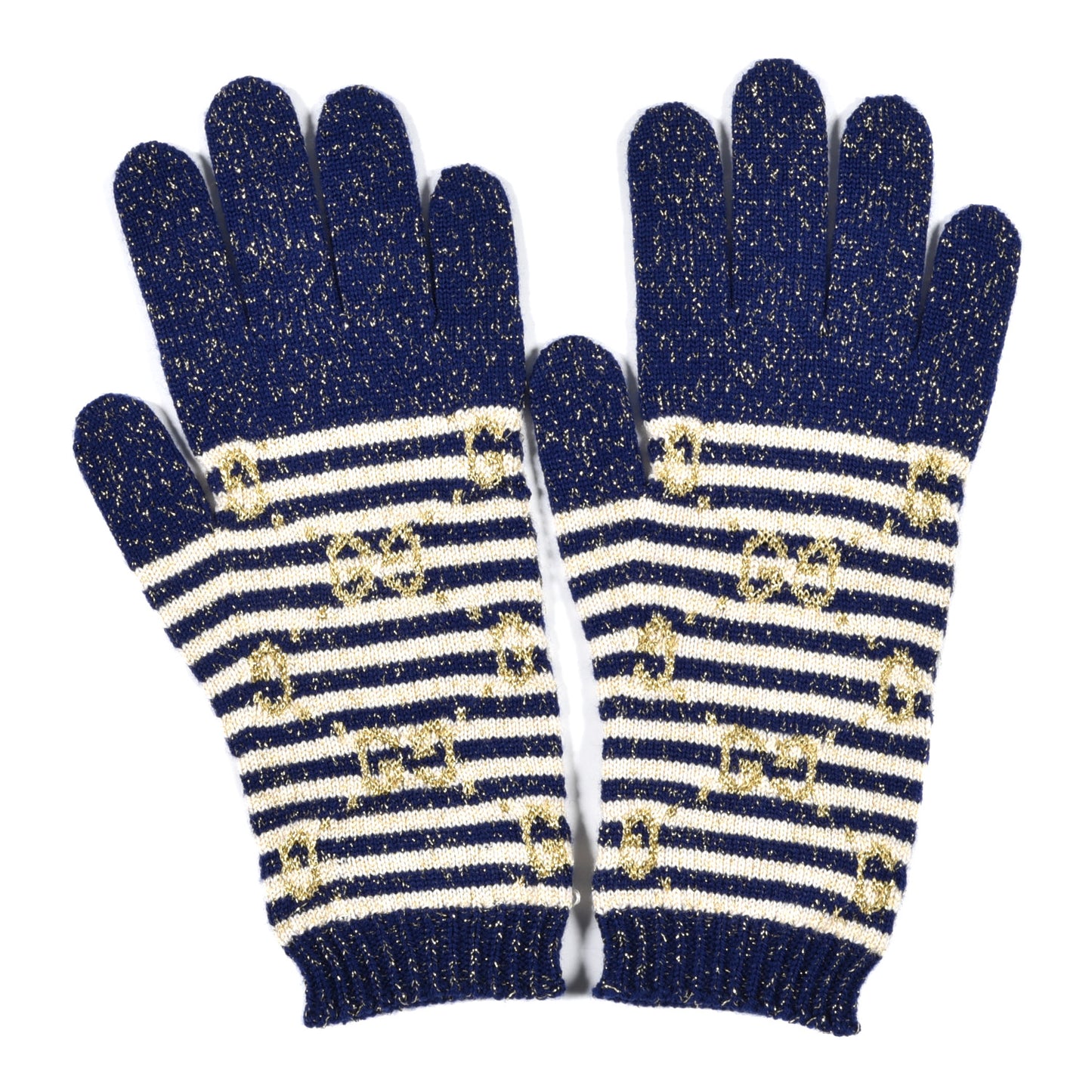 Wool Knit GG Monogram Gloves M Navy Ivory
