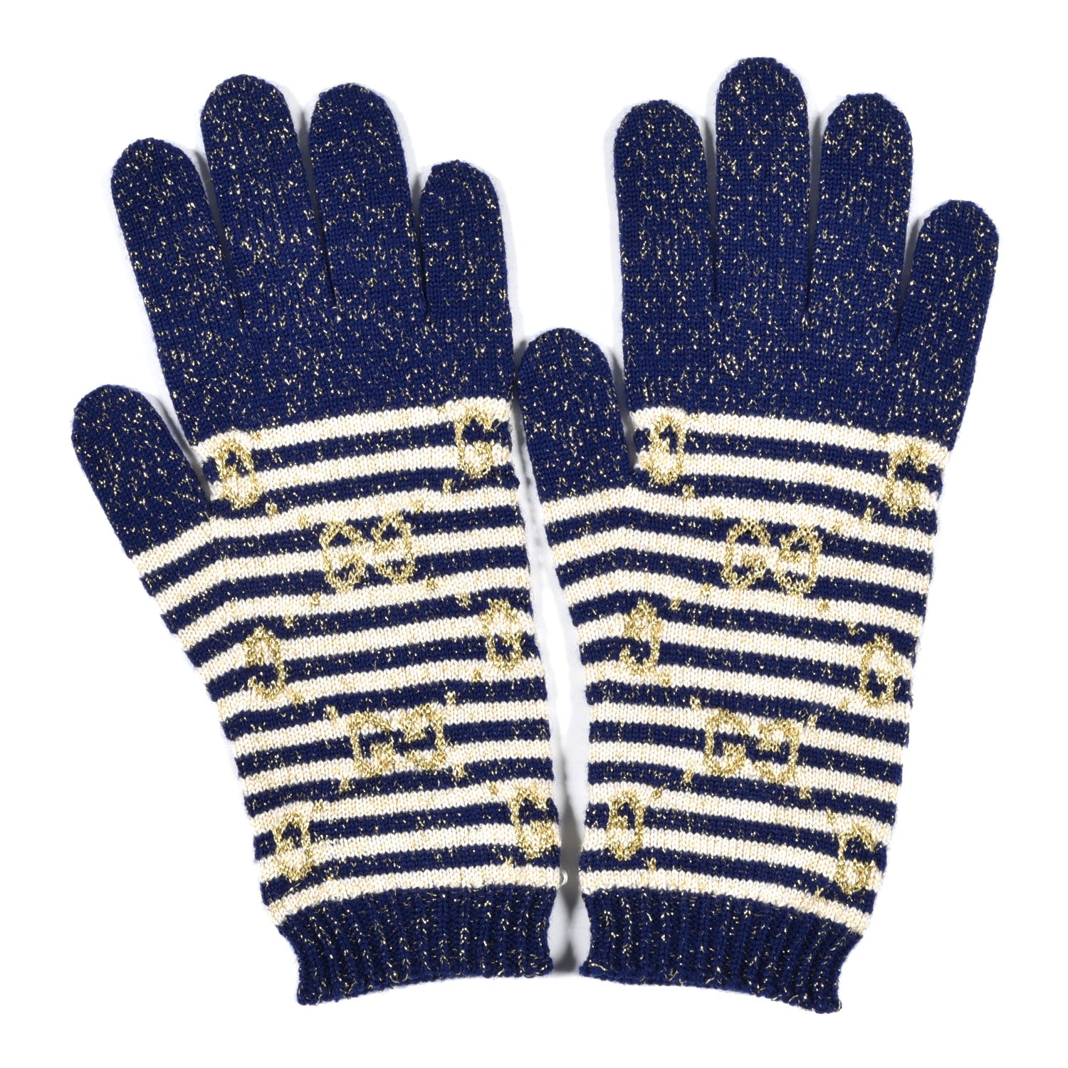 Gucci Wool Knit GG Monogram Gloves M Navy Ivory 2 of 4