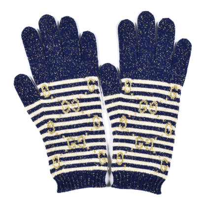 Gucci Wool Knit GG Monogram Gloves M Navy Ivory 2 of 4