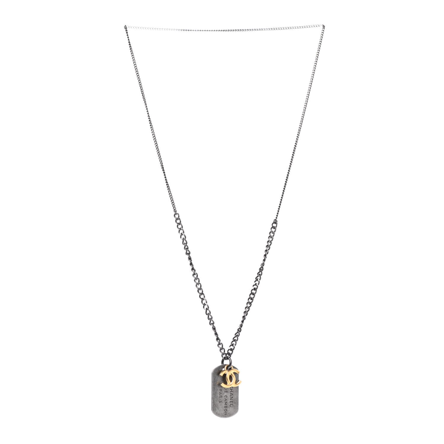 Chanel Ruthenium ID Dog Tag Charm Necklace Silver Gold 6 of 6