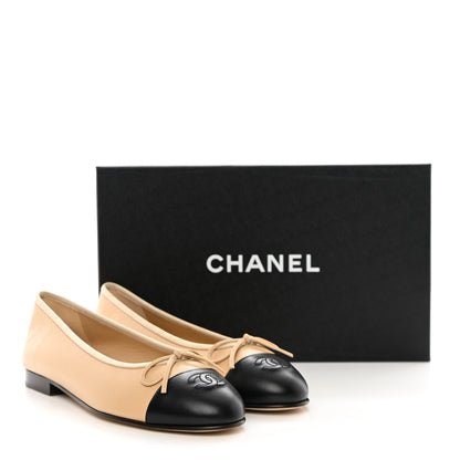 Chanel Lambskin Cap Toe CC Ballerina Flats 37.5 Beige Black 10 of 10