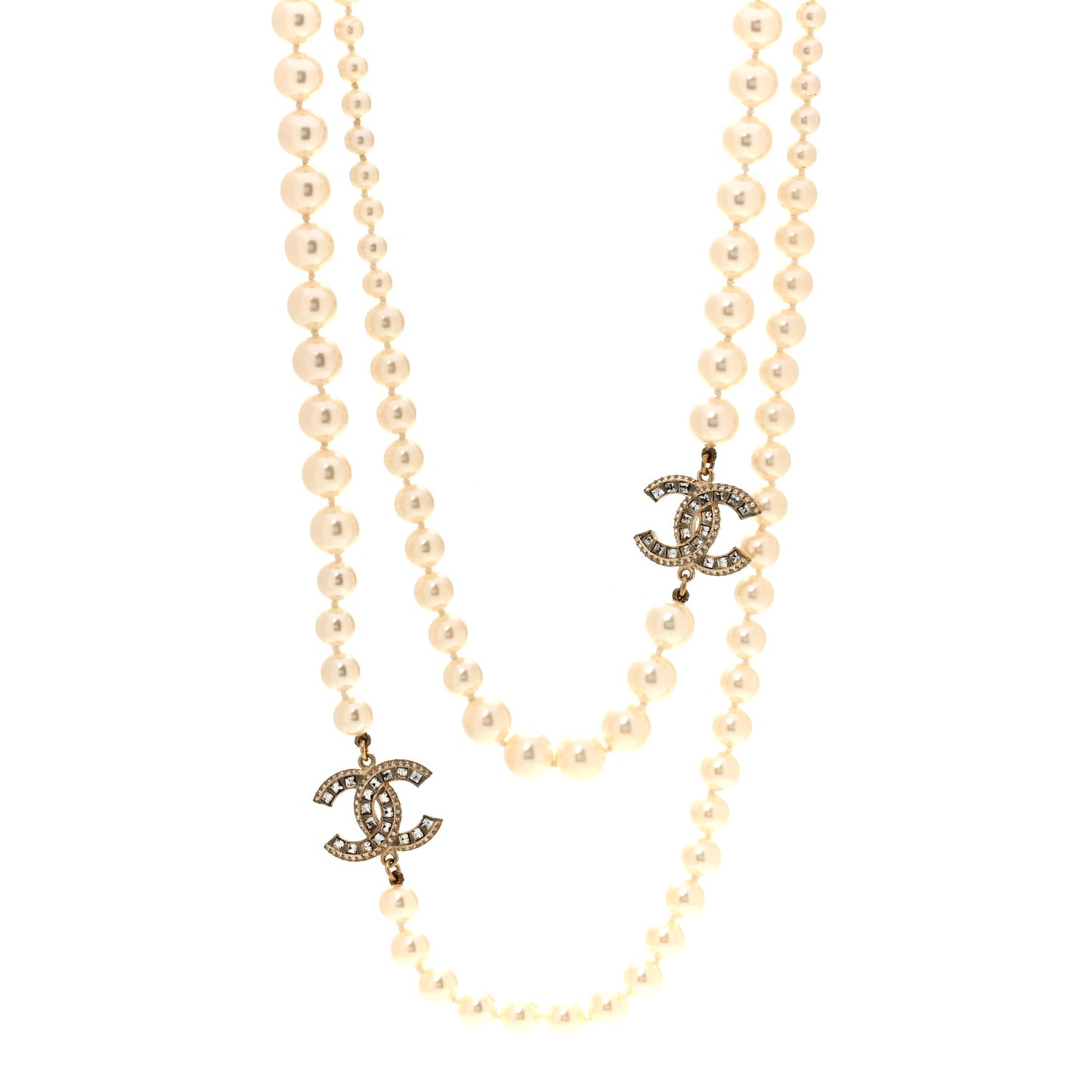 Pearl Baguette Crystal CC Long Necklace Gold