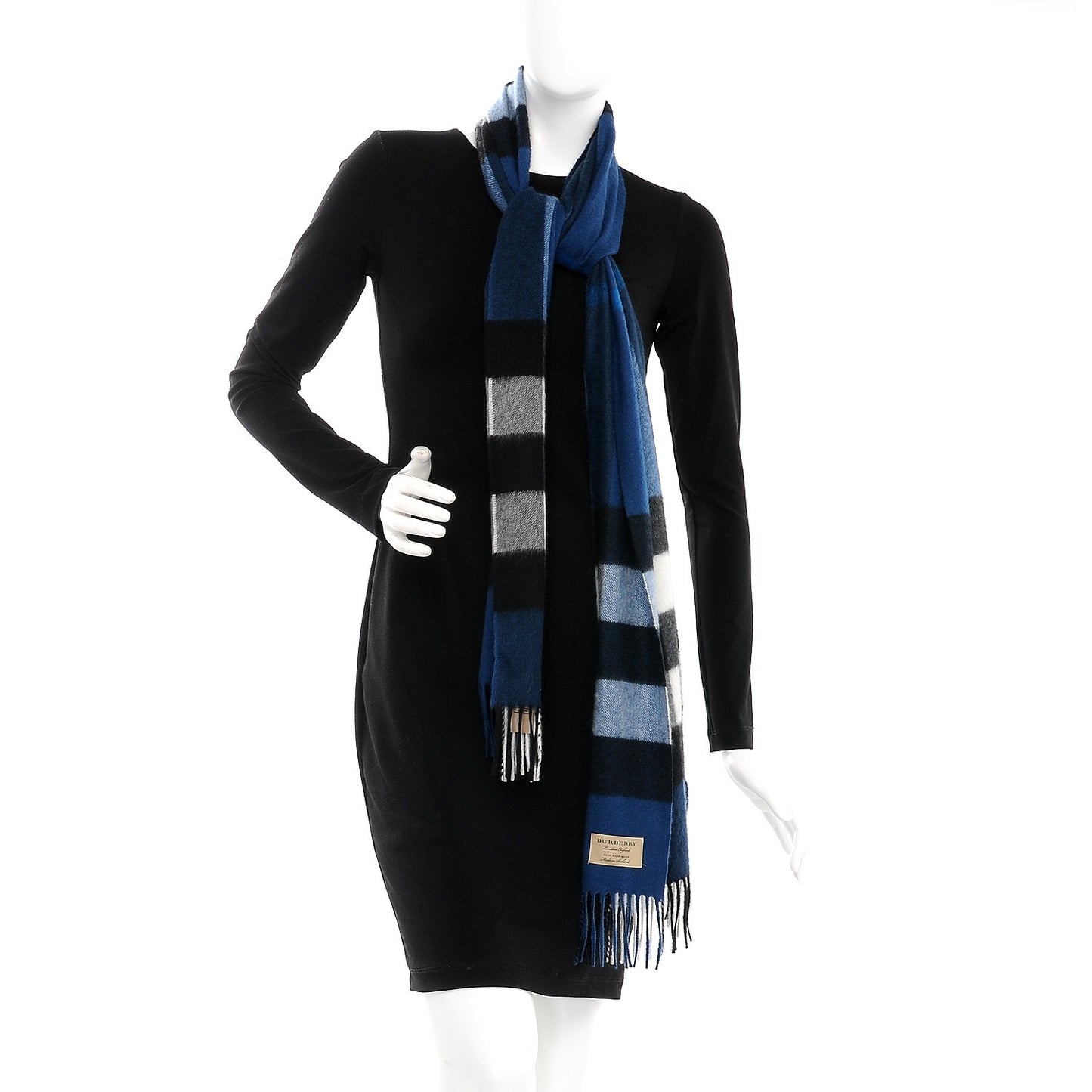 Cashmere Giant Check Fringe Scarf Blue