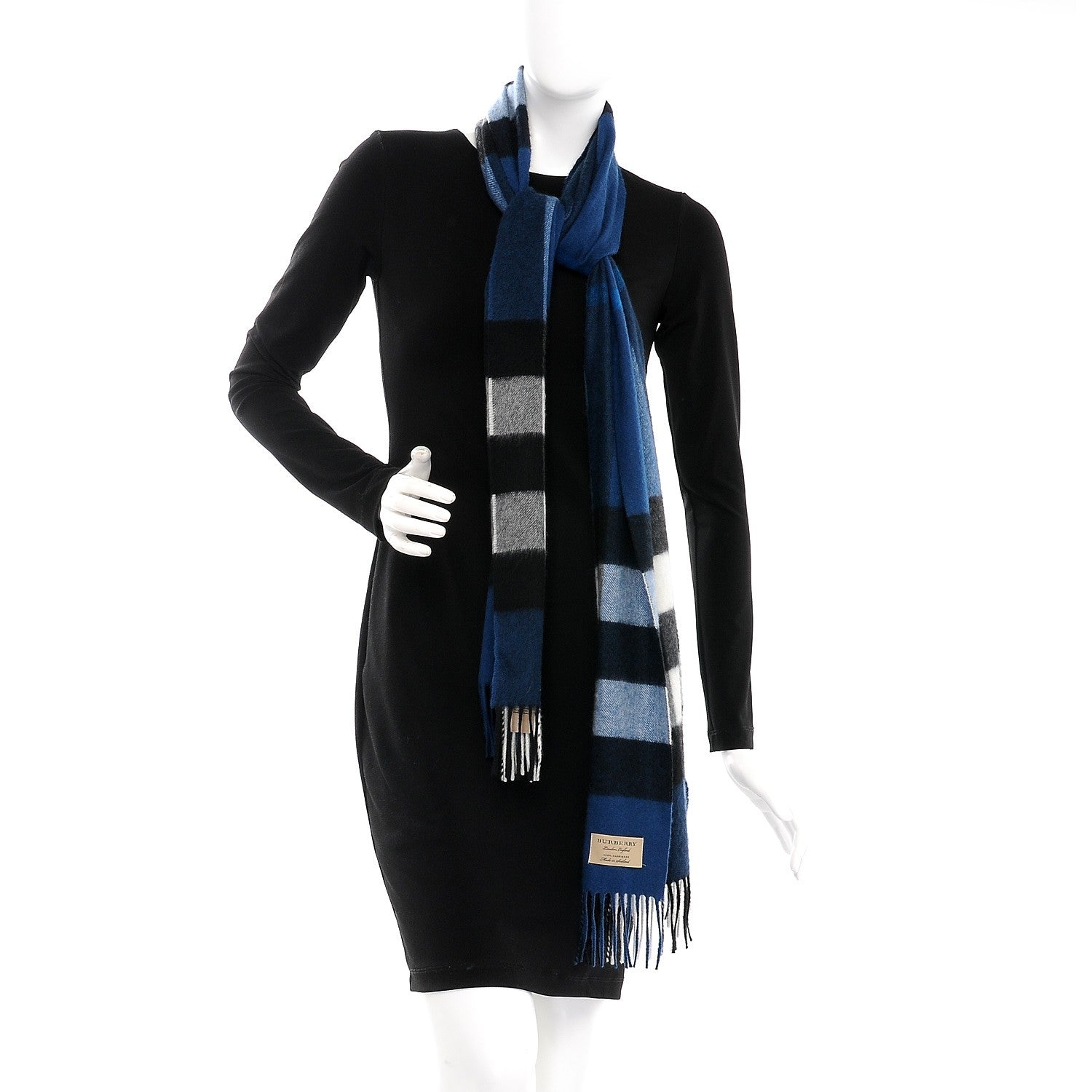 Burberry Cashmere Giant Check Fringe Scarf Blue 2 of 5