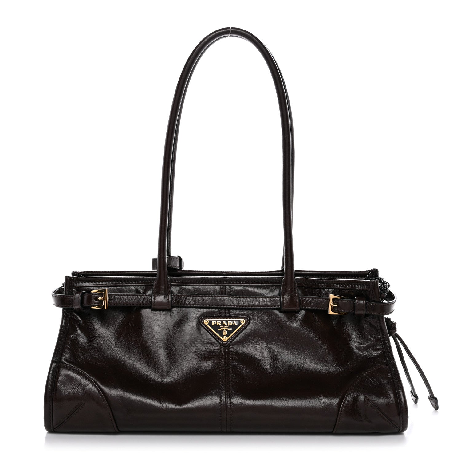 Prada Glossy Calfskin Triangle Medium Bonnie Shoulder Bag Dark Brown 1 of 9