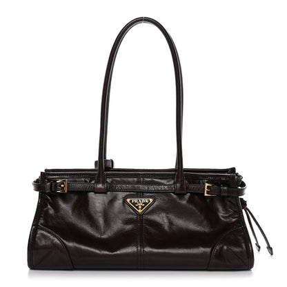 Prada Glossy Calfskin Triangle Medium Bonnie Shoulder Bag Dark Brown 1 of 9