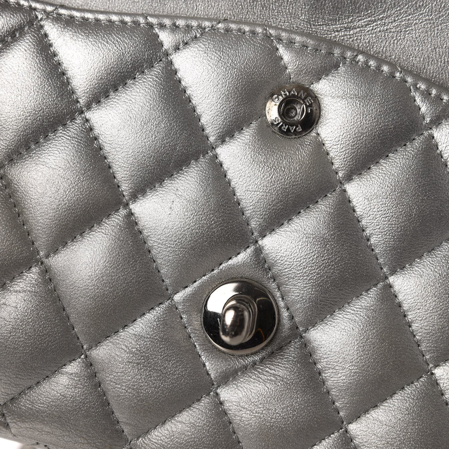Metallic Lambskin Quilted Medium Double Flap Dark Grey