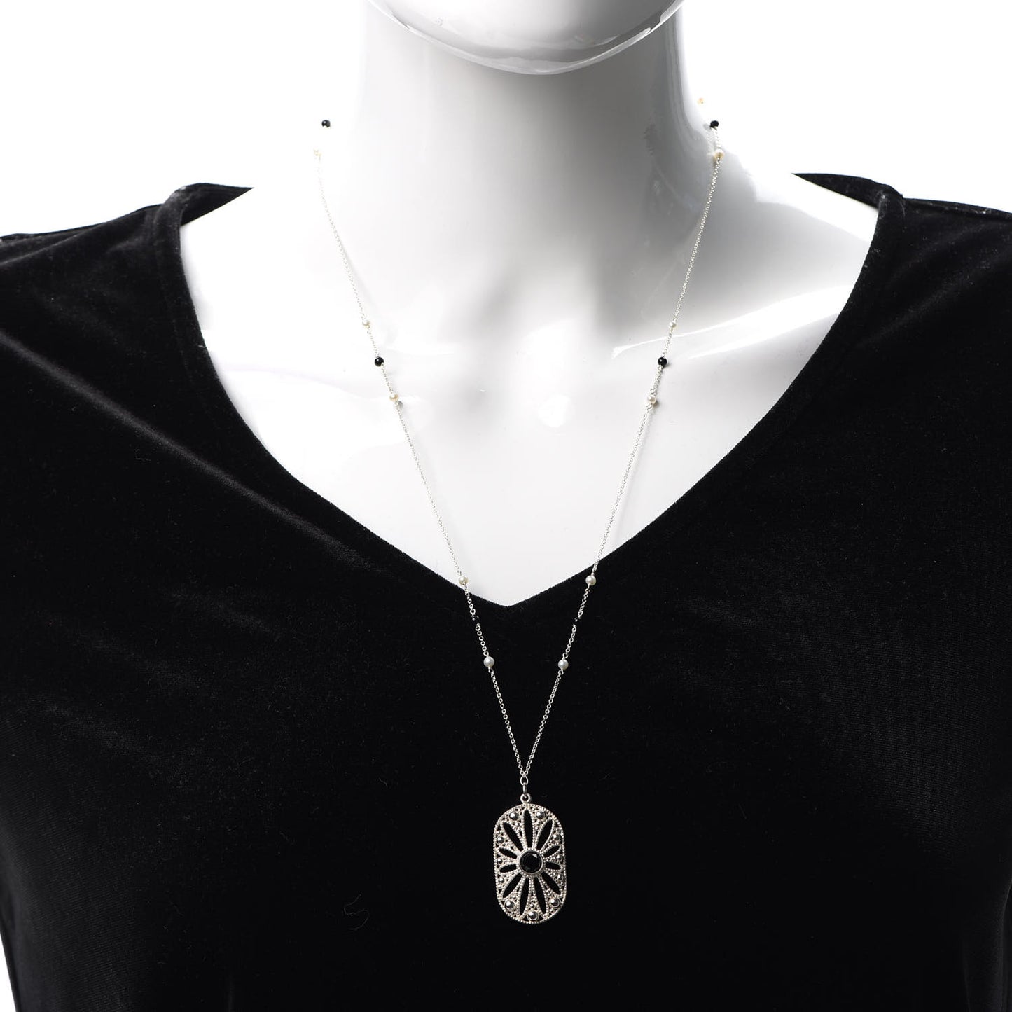 Sterling Silver Black Onyx Pearl Ziegfeld Daisy Pendant Necklace