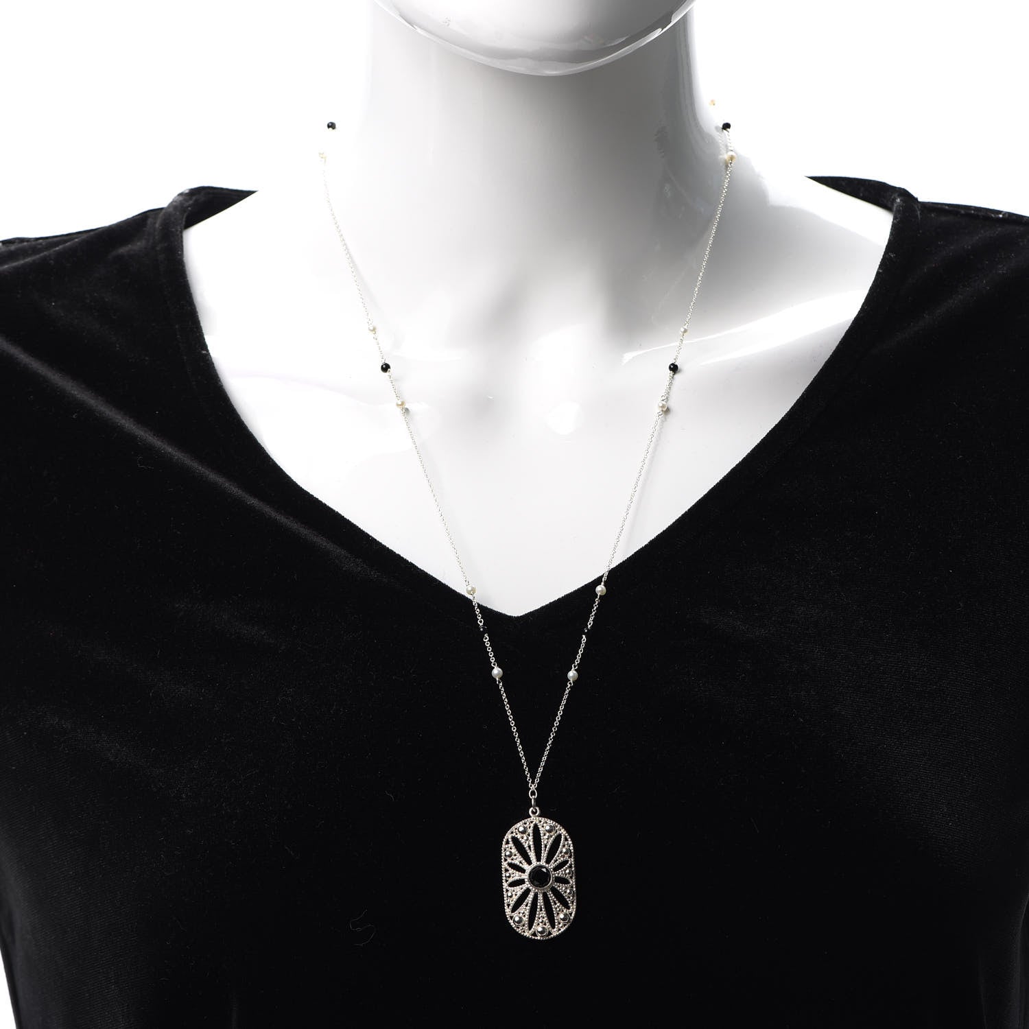 Tiffany Sterling Silver Black Onyx Pearl Ziegfeld Daisy Pendant Necklace 2 of 7