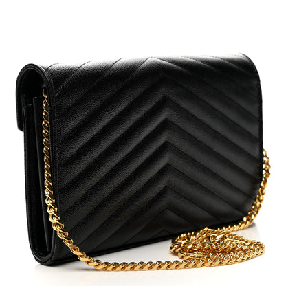 Saint Laurent Grain De Poudre Matelasse Chevron Monogram Chain Wallet Black 3 of 8