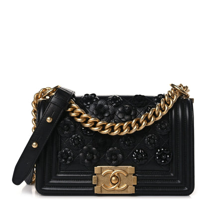 Chanel Lambskin Embroidered Camellia Quilted Small Boy Flap Black 1 of 11