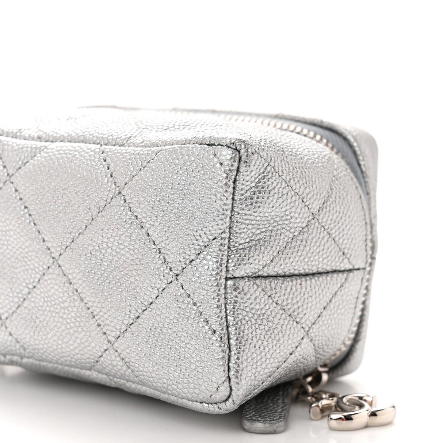 Metallic Caviar Quilted Mini Top Handle Vanity With Chain Silver