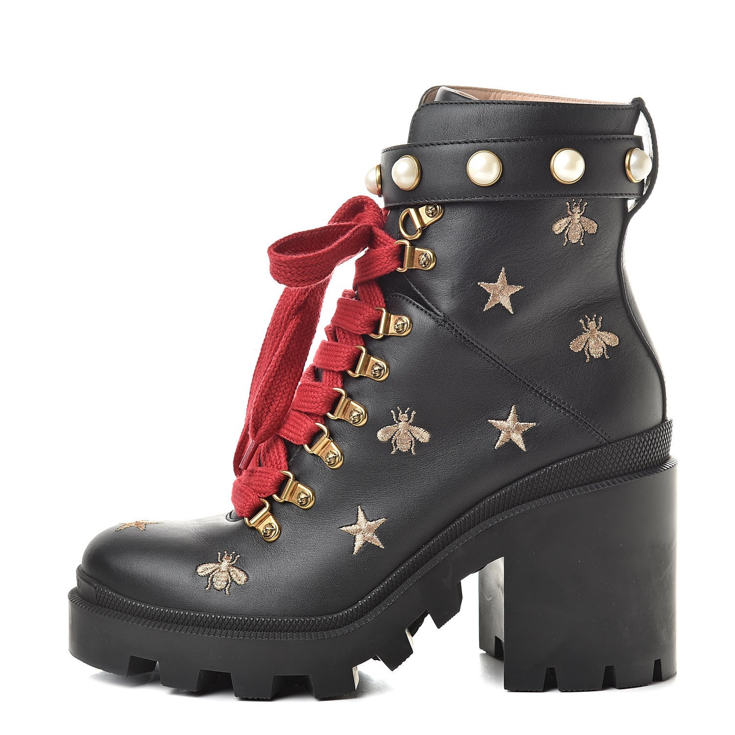 Gucci Calfskin Embroidered Lace Up Combat Ankle Boots 39 Black 1 of 11