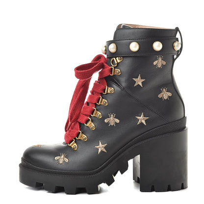 Gucci Calfskin Embroidered Lace Up Combat Ankle Boots 39 Black 1 of 11