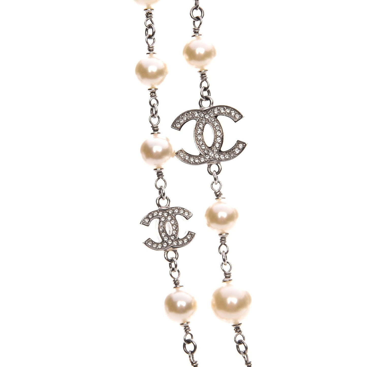 Crystal Pearl CC Long Necklace Silver