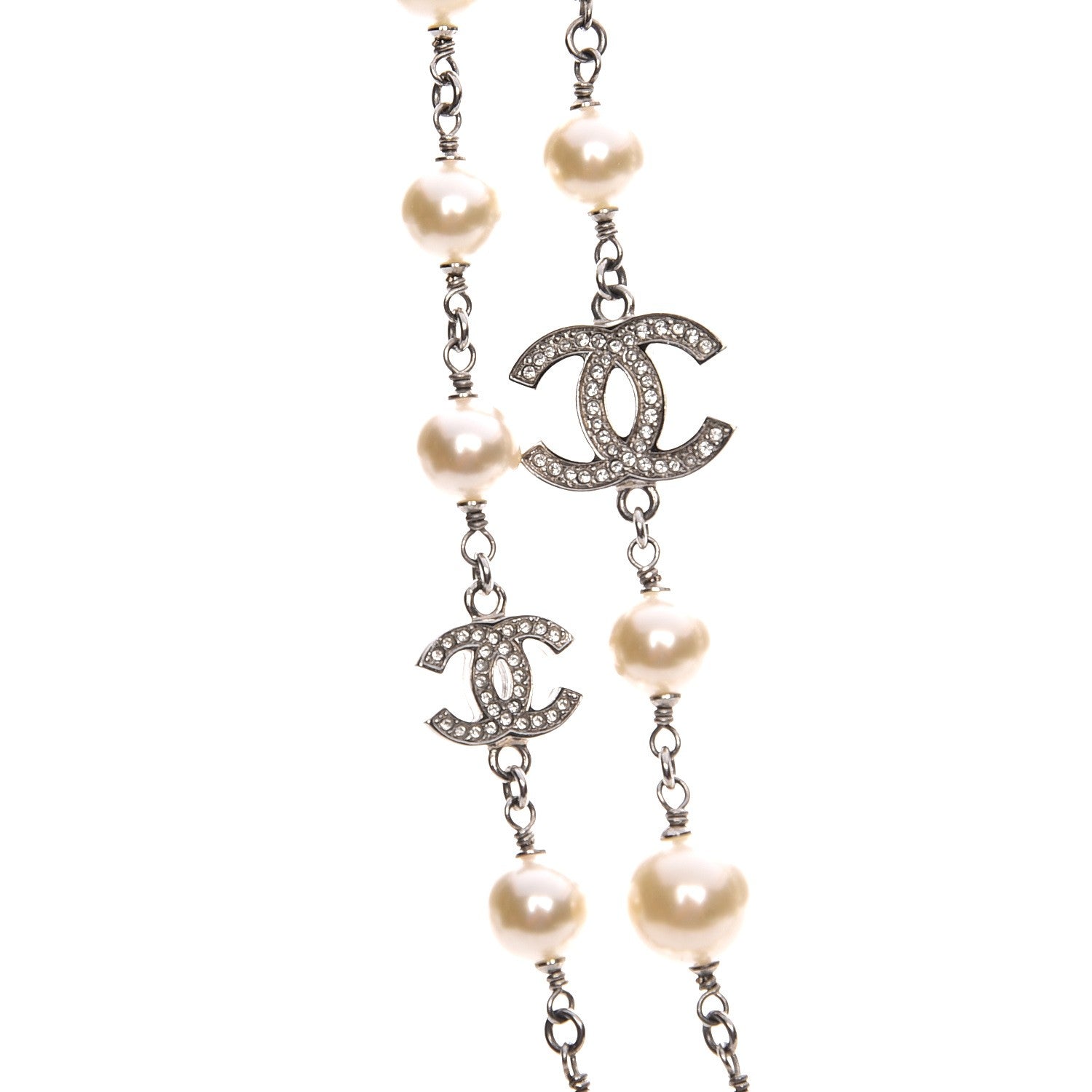 Chanel Crystal Pearl CC Long Necklace Silver 4 of 6