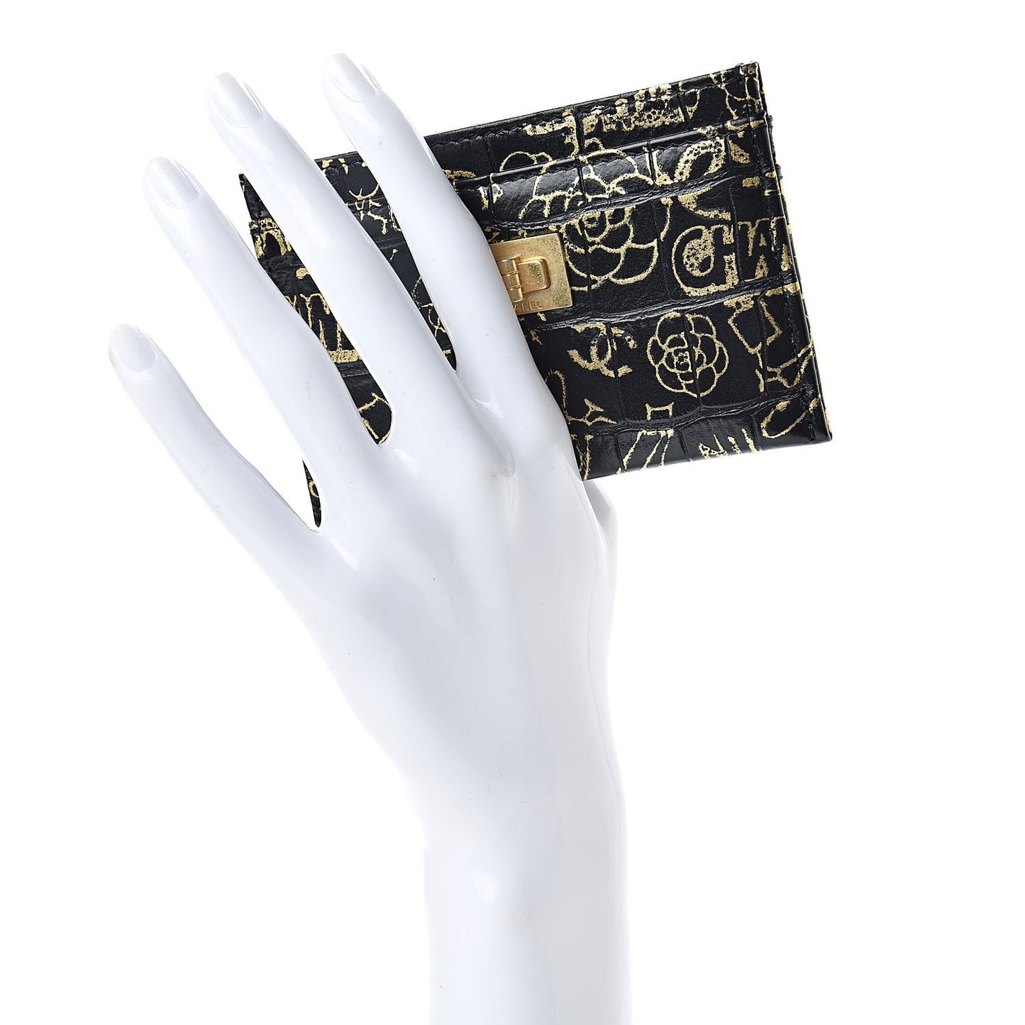 Calfskin Crocodile Embossed Graffiti 2.55 Cocodile Reissue Card Holder Black Gold