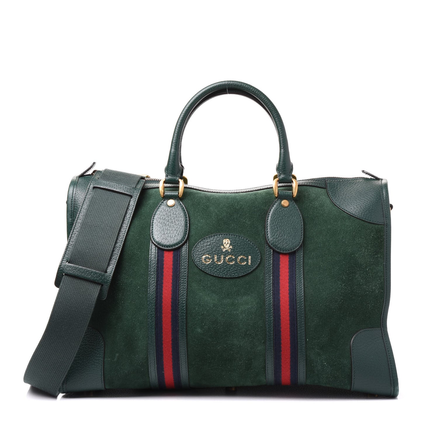 Suede Daino Textured Dollar Calfskin Web Medium Duffle Bag Green