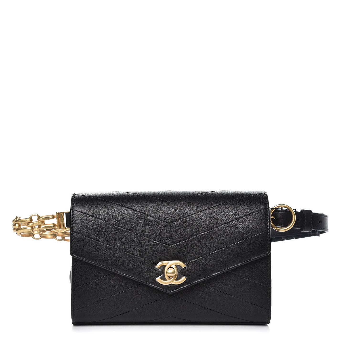 Calfskin Chevron Stitched Coco Waist Bag Black
