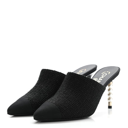 Chanel Tweed Grosgrain Cap Toe Pearl Mule 37.5 Black 3 of 8
