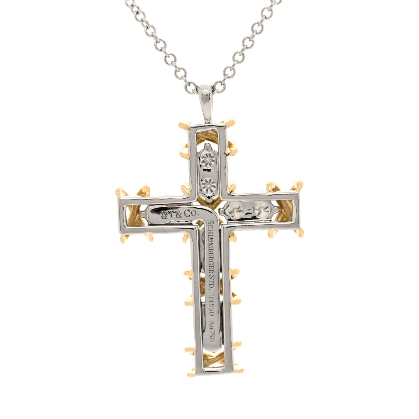 Platinum 18K Yellow Gold Diamond Schlumberger Ten Stone Cross Pendant Necklace
