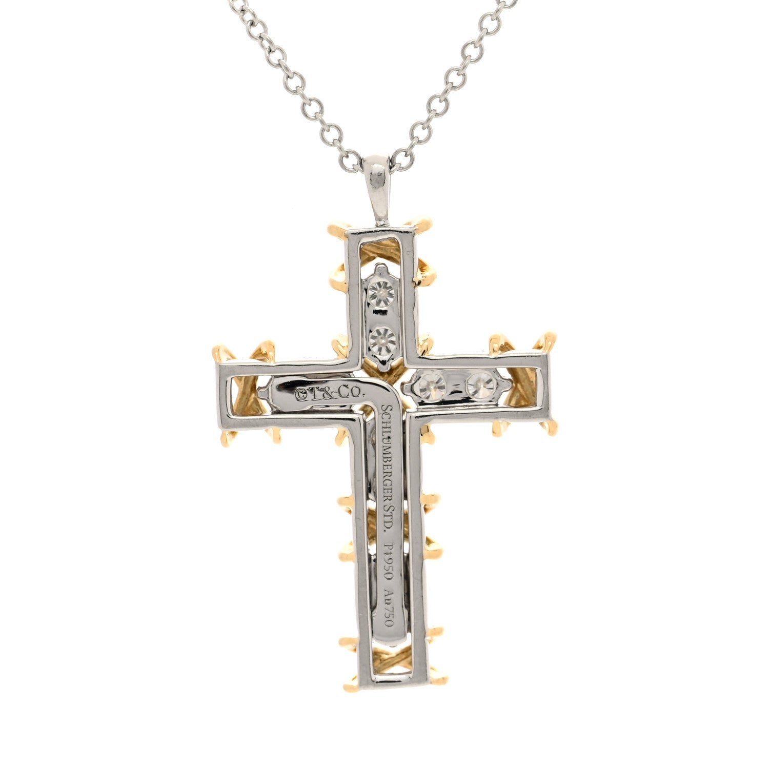 Tiffany Platinum 18K Yellow Gold Diamond Schlumberger Ten Stone Cross Pendant Necklace 3 of 4